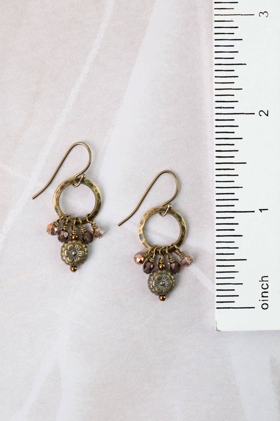 Jewelry ~ Earrings Mauve Czech Glass, Antique Copper Circles, Antique Brass Flower Simple Earrings