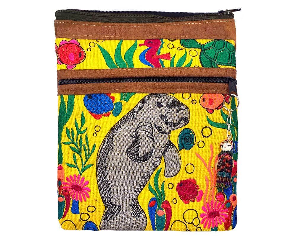Embroidered Manatee Leather Crossbody Purse Passport Bag