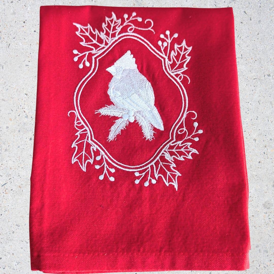 Towel ~ Winter Wonderland Cardinal Tea Towel with Embroidered Detail