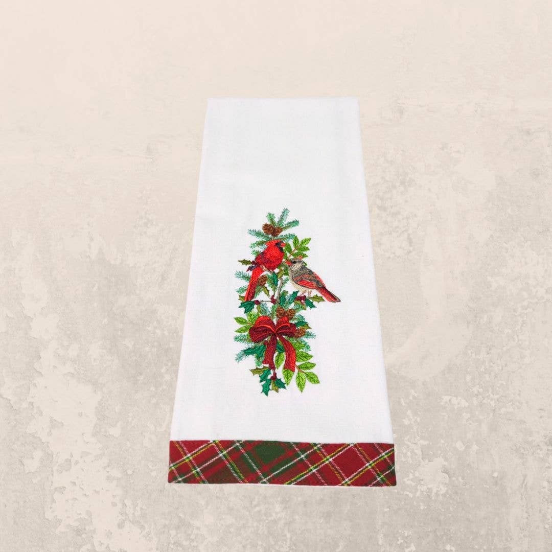 Christmas Tea Towel with Cardinal - Winter Bird on Branches