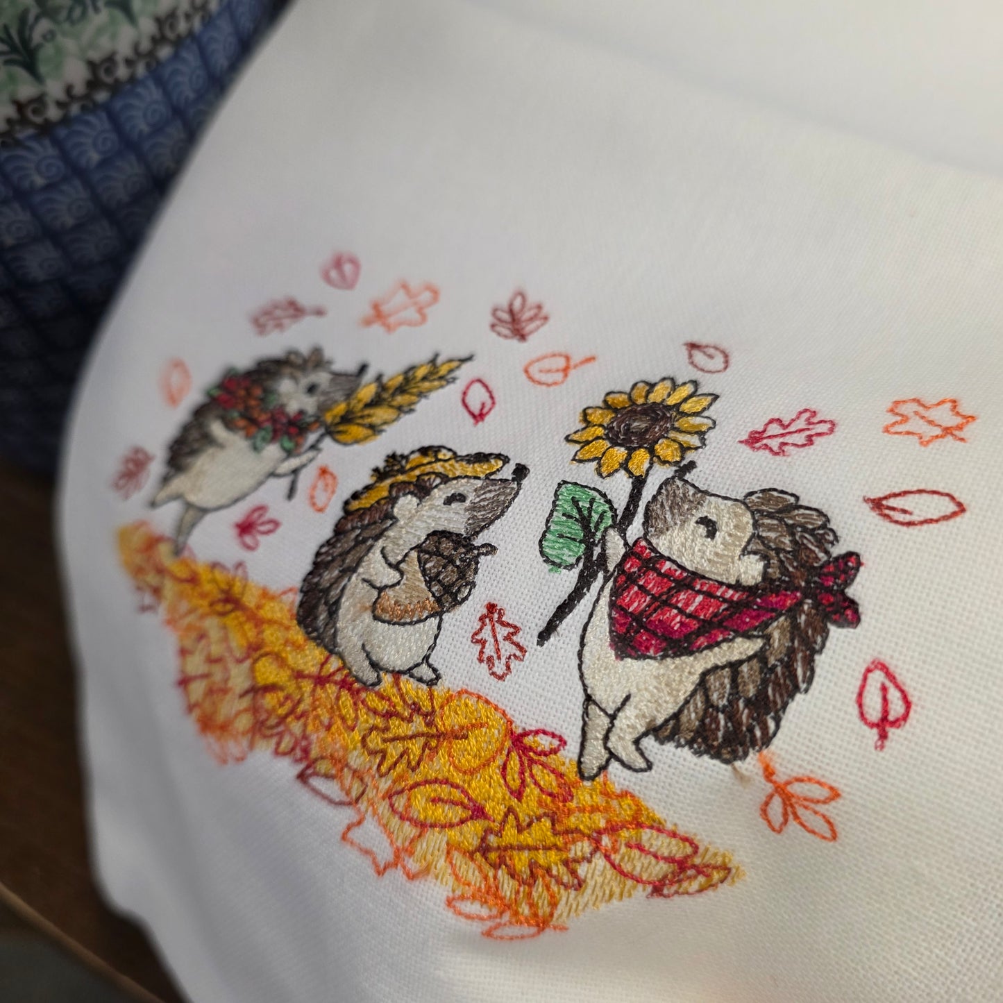 Towel ~ Hedgehog Embroidery tea Towel Whimsical Autumn Fun