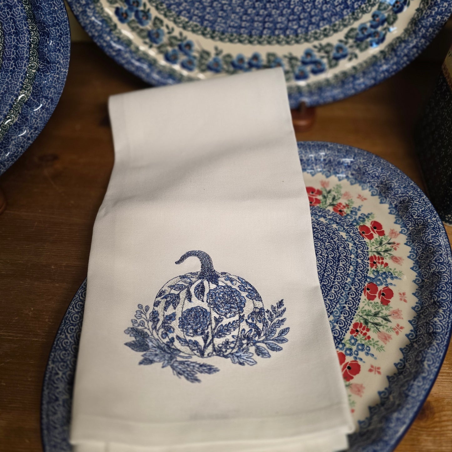 Towel ~ Delf Royal Blue Fall Pumpkin Tea Towel