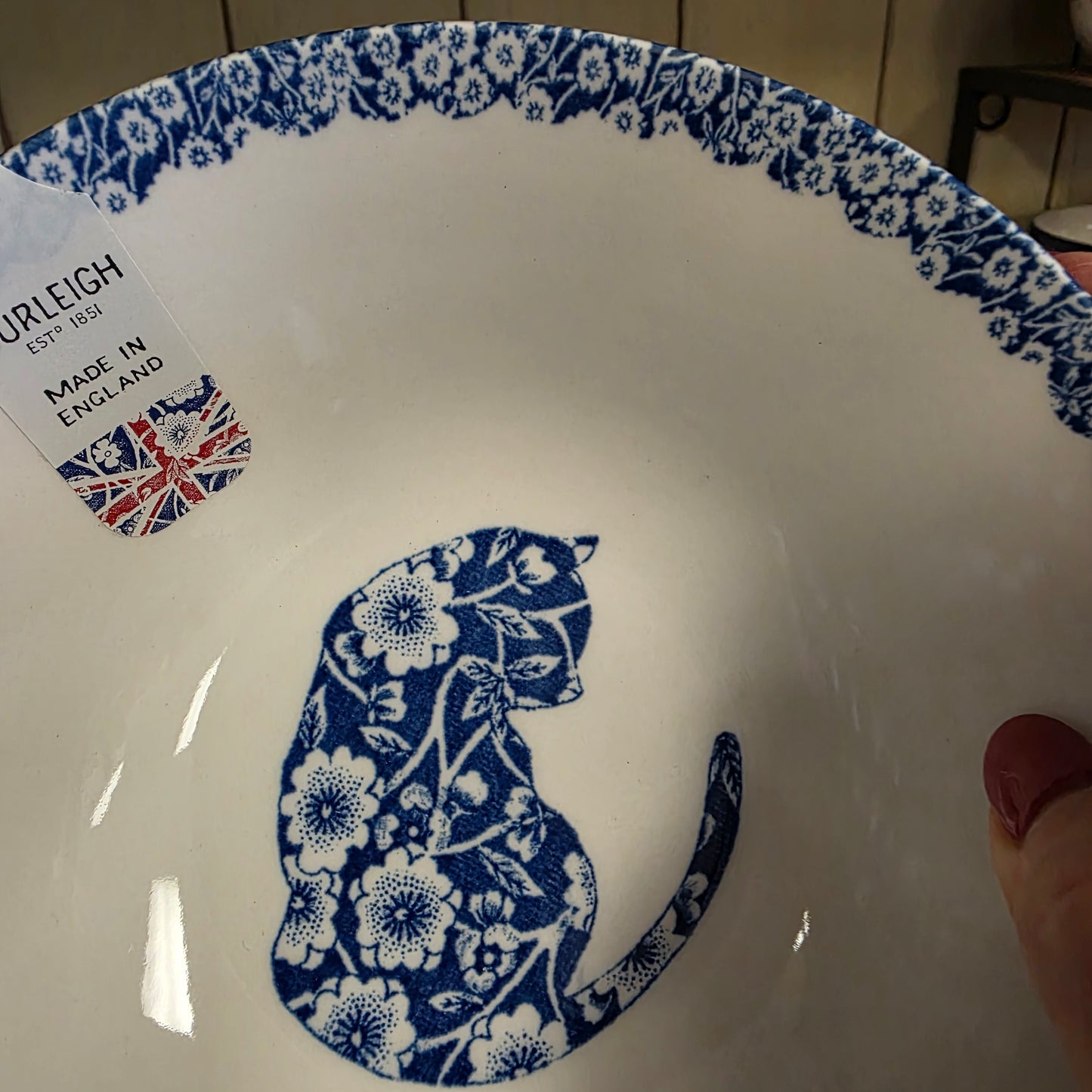 Burleigh ~ BLUE Bowl Calico Cat ~ 8 oz cereal bowl *** NOT Polish Pottery