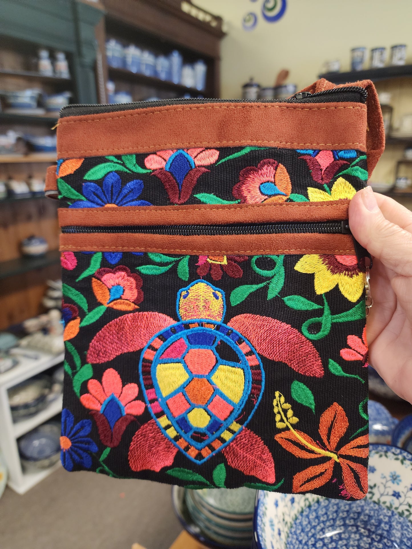 Embroidered Turtle black ~ Faux Leather Crossbody Purse