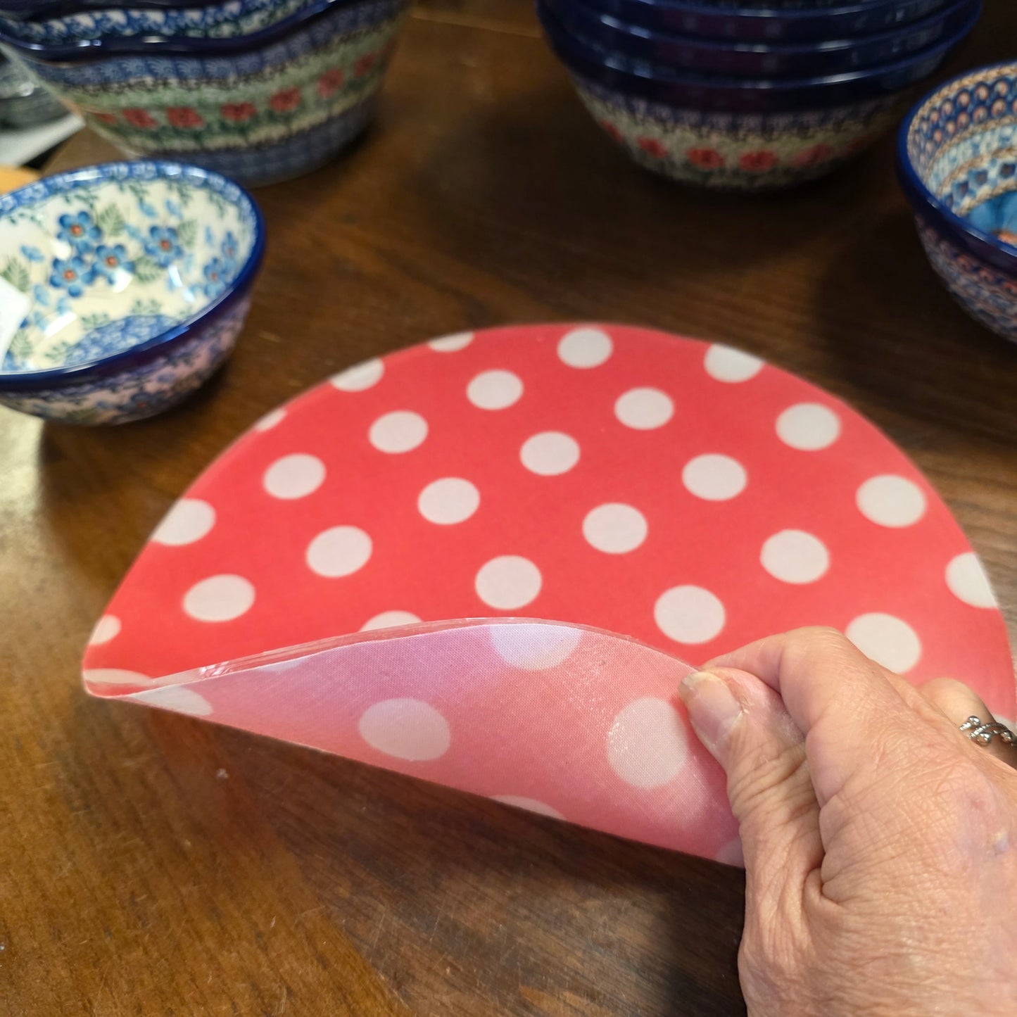 Silicone trivet ~ red/white/dots~ 10" round