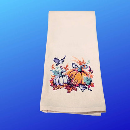 Towel ~ Seasonal Delight Embroidered Tea Towel with Pumpkins, Birds
