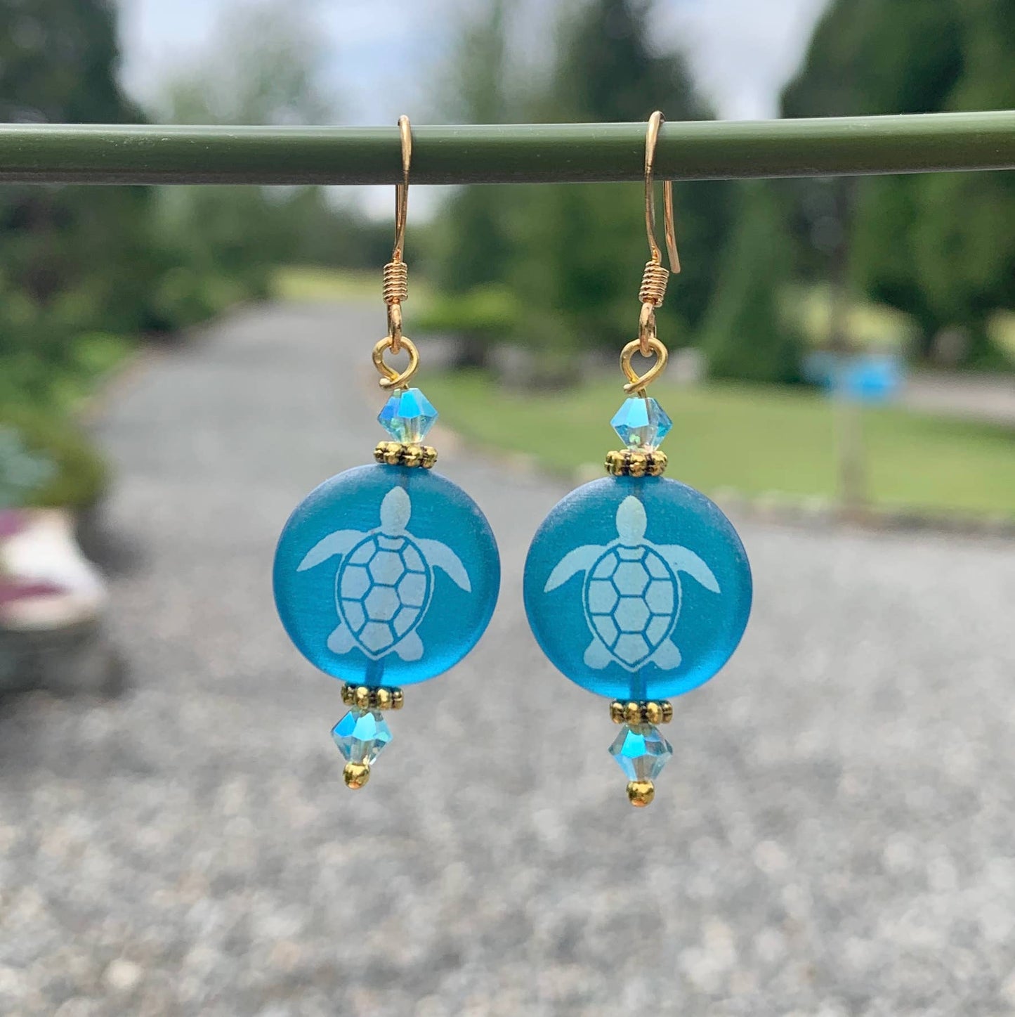 Jewelry ~ Etched Sea Turtle Earrings -  Blue