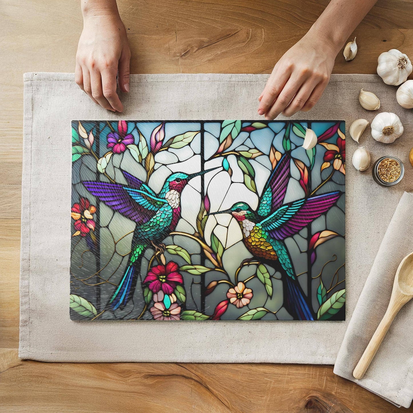 Cutting Board: Hummingbird #2: 8x11 inch   Tempered Glass Cutting Board & Serving Tray