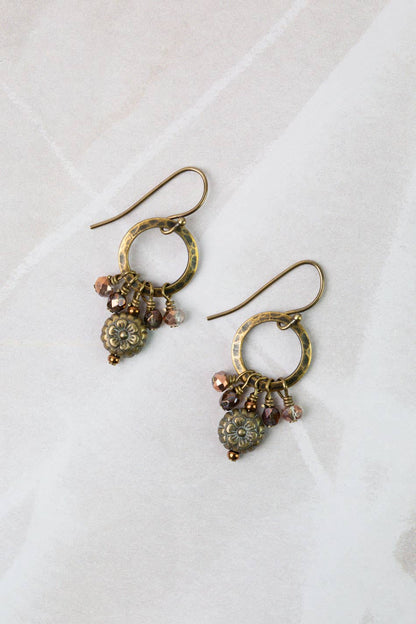 Jewelry ~ Earrings Mauve Czech Glass, Antique Copper Circles, Antique Brass Flower Simple Earrings