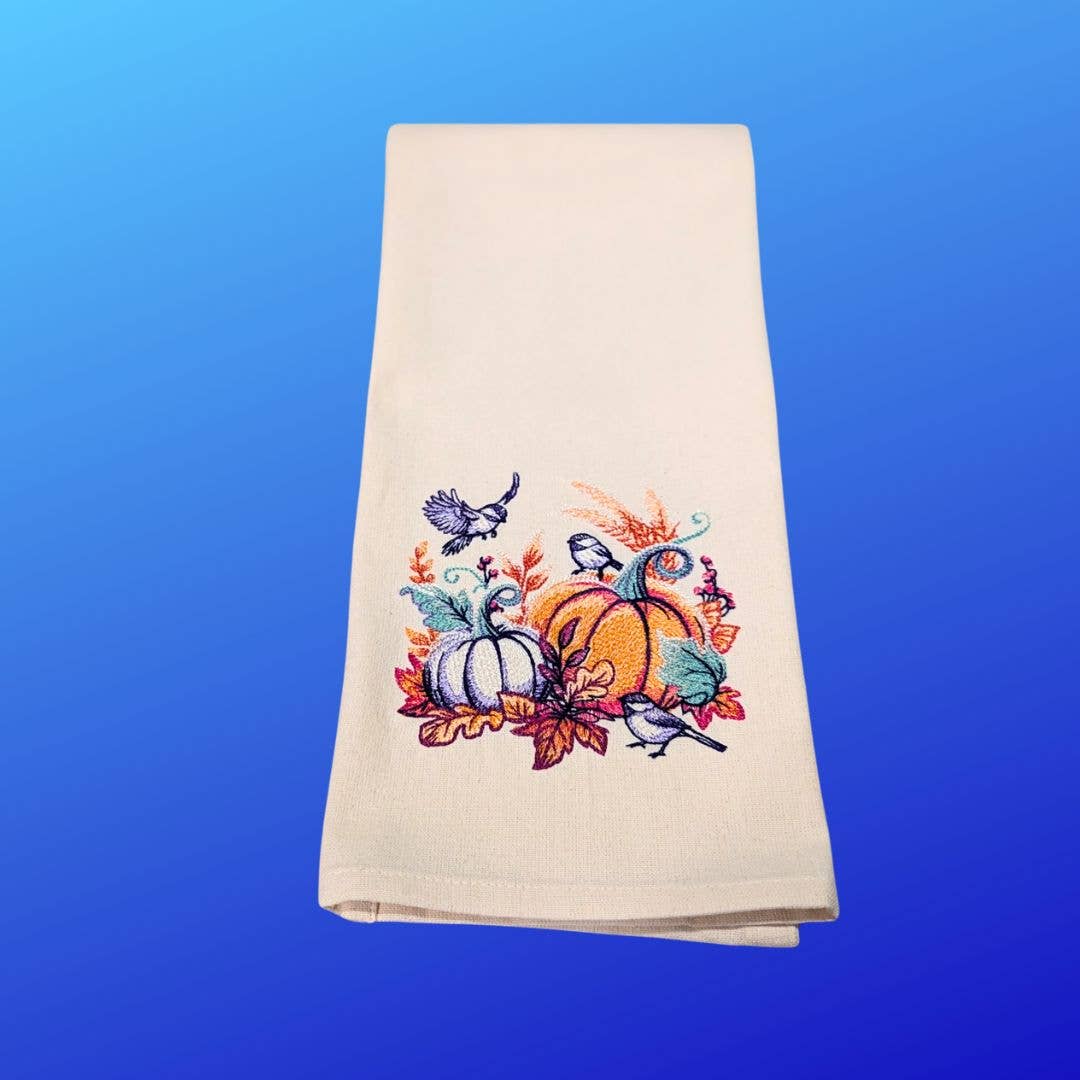 Towel ~ Seasonal Delight Embroidered Tea Towel with Pumpkins, Birds