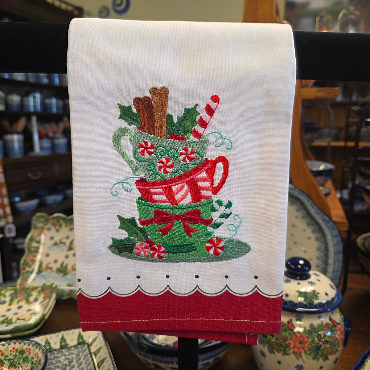 Towel ~ Teacups Candy / red border Tea Towel with Embroidered Detail