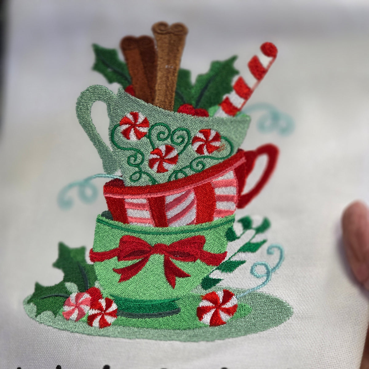 Towel ~ Teacups Candy / red border Tea Towel with Embroidered Detail