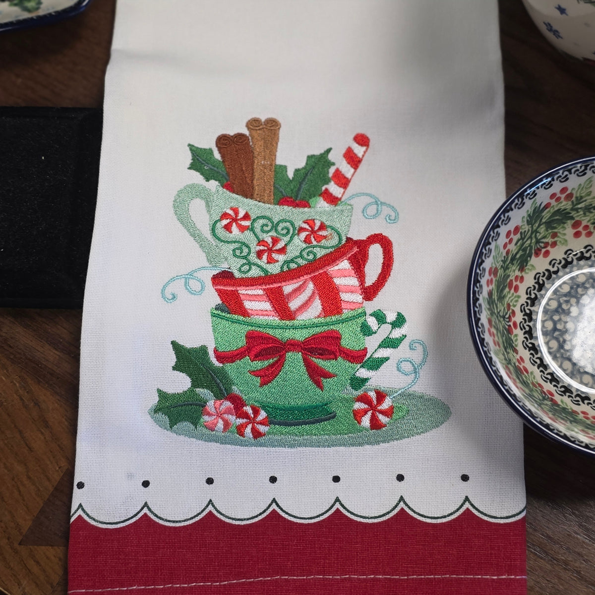 Towel ~ Teacups Candy / red border Tea Towel with Embroidered Detail