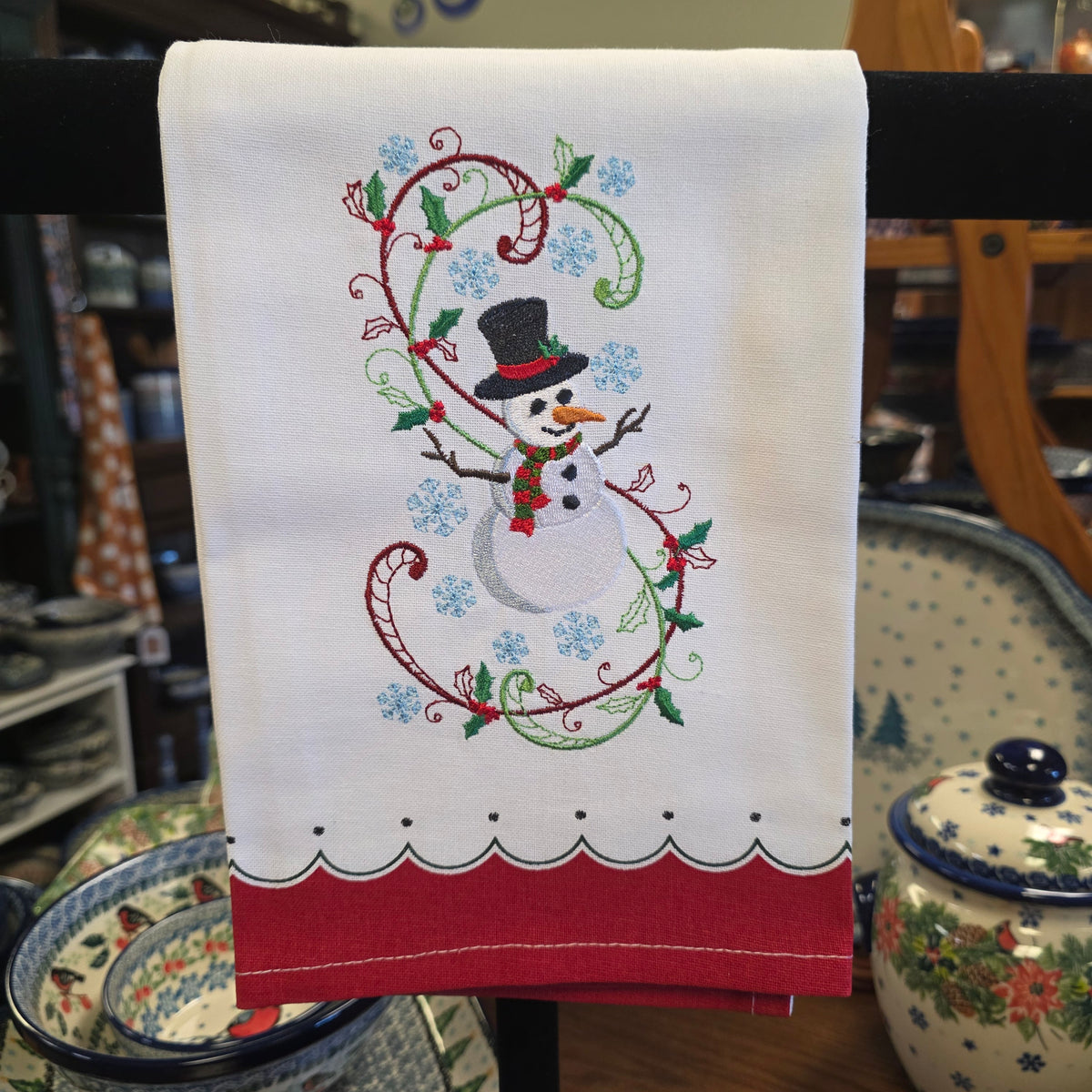 Towel ~ Snowman / red border Tea Towel with Embroidered Detail