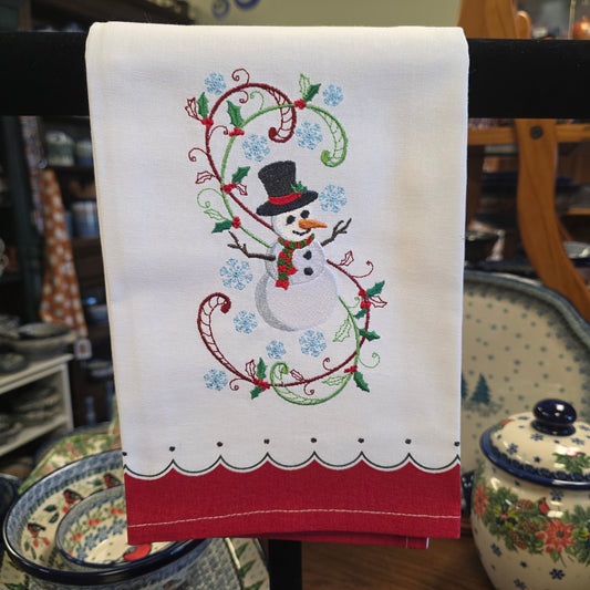 Towel ~ Snowman / red border Tea Towel with Embroidered Detail