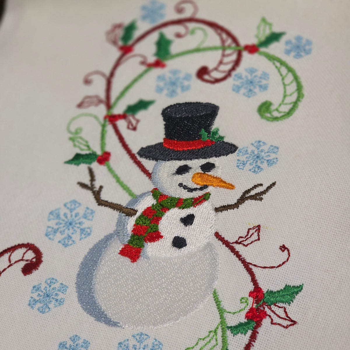 Towel ~ Snowman / red border Tea Towel with Embroidered Detail