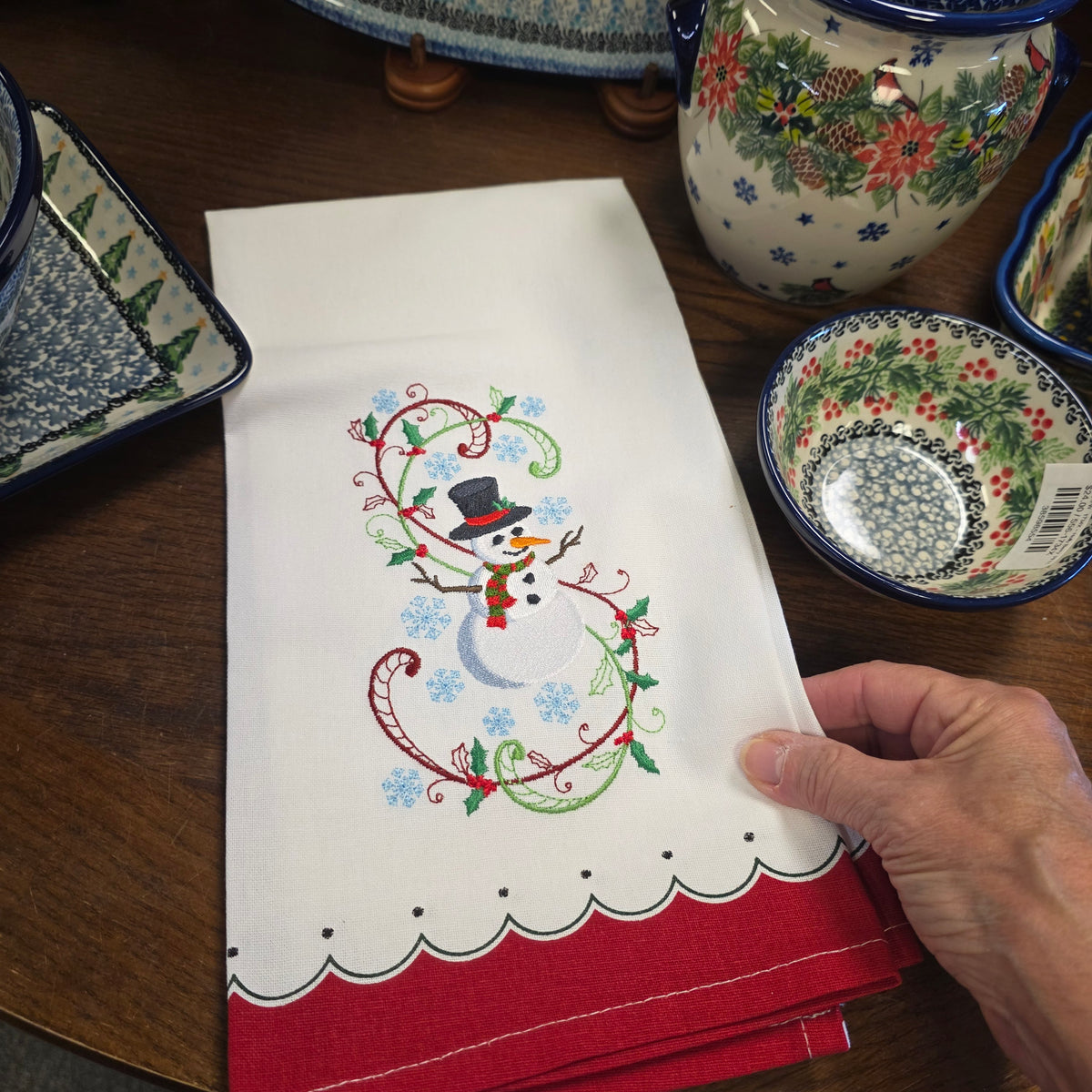 Towel ~ Snowman / red border Tea Towel with Embroidered Detail
