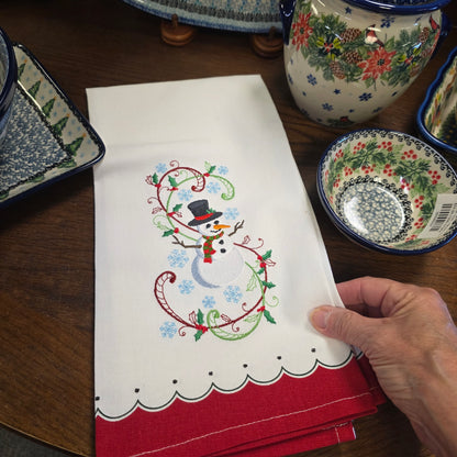 Towel ~ Snowman / red border Tea Towel with Embroidered Detail