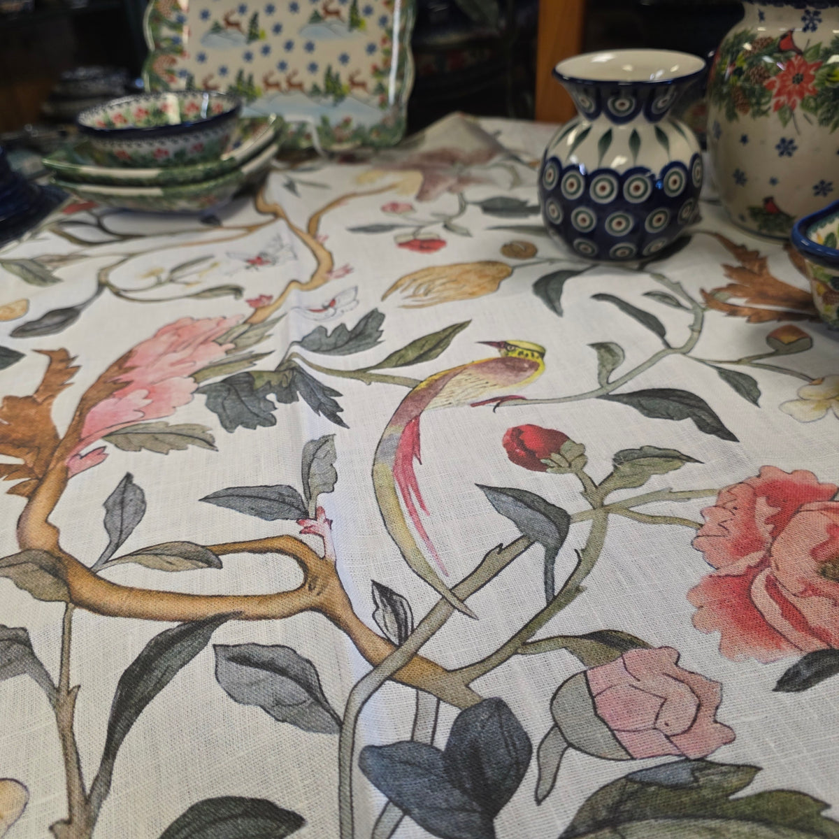 Square ~ Linen Bird Song (26"x26")  ~ Lithuania ~ William Morris Birdsong Design