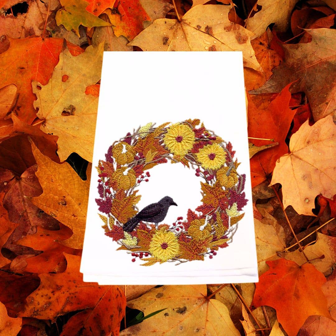 Embroidered Harvest Wreath Tea Towel with Crow