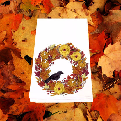Embroidered Harvest Wreath Tea Towel with Crow