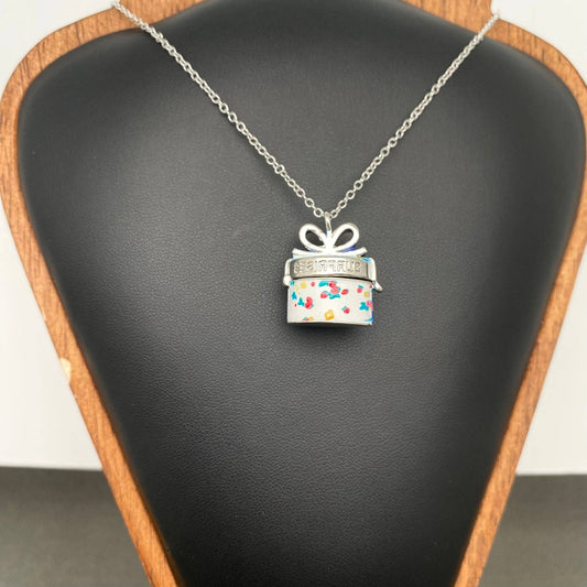 Locket Enamel Gift Box Locket Charm Necklace: Silver