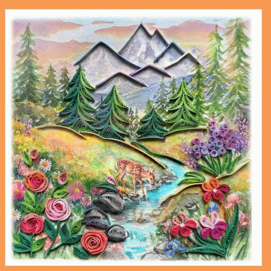 Mountain, waterfall, deer, flower, nature NT-2Card ~