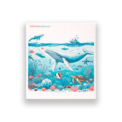 Dishcloth Blue Whale under Ship (Swedish Dishcloth)