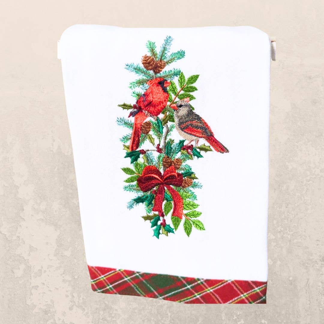 Christmas Tea Towel with Cardinal - Winter Bird on Branches
