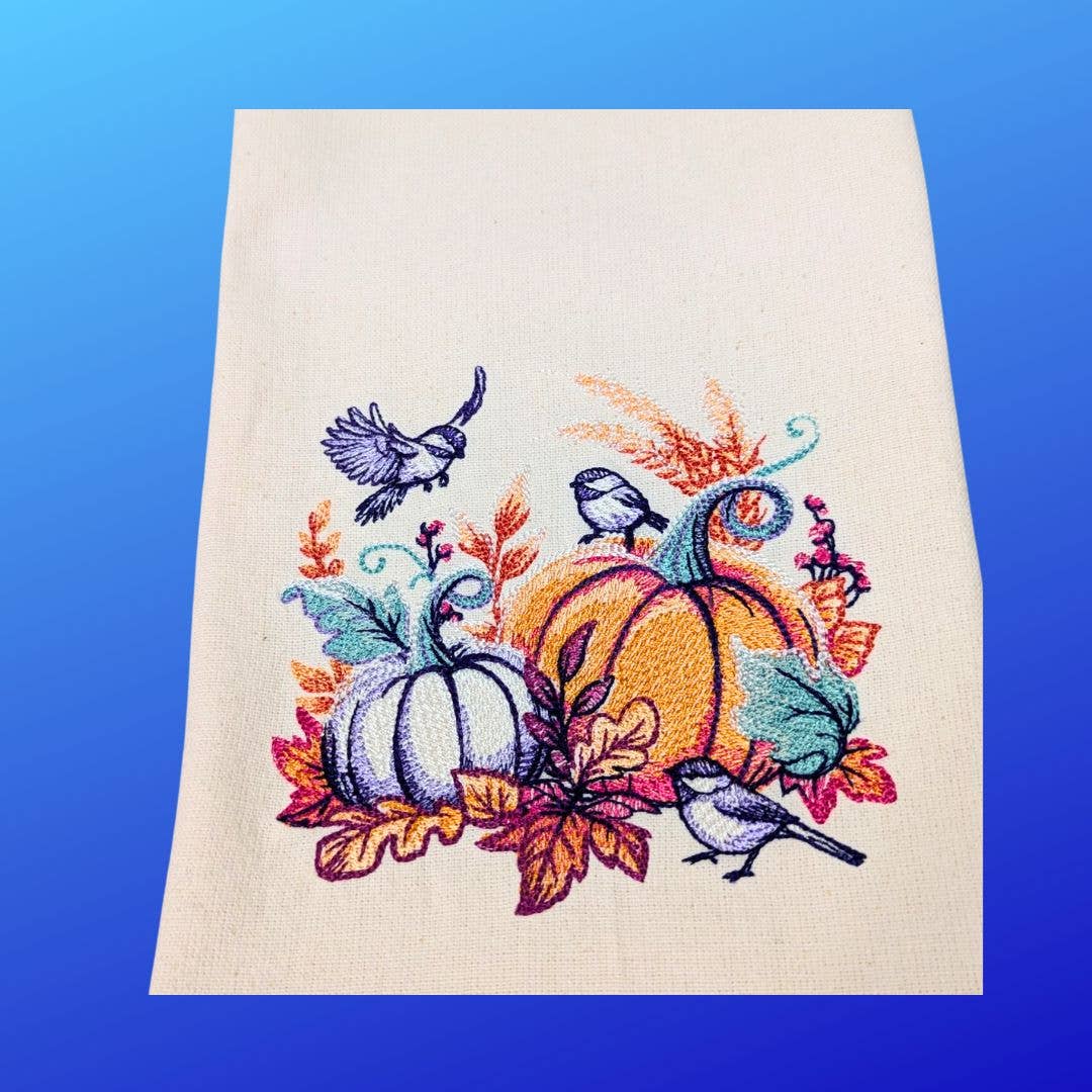 Towel ~ Seasonal Delight Embroidered Tea Towel with Pumpkins, Birds