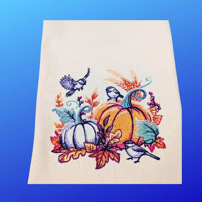 Towel ~ Seasonal Delight Embroidered Tea Towel with Pumpkins, Birds