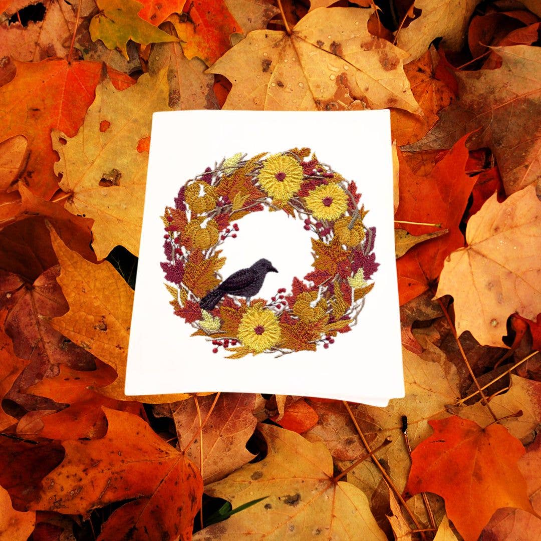 Embroidered Harvest Wreath Tea Towel with Crow