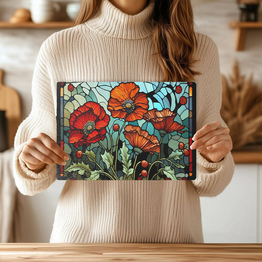 Cutting Board: Floral Poppy  8x11 inch Tempered Glass Serving Tray  ***BACK ORDER***