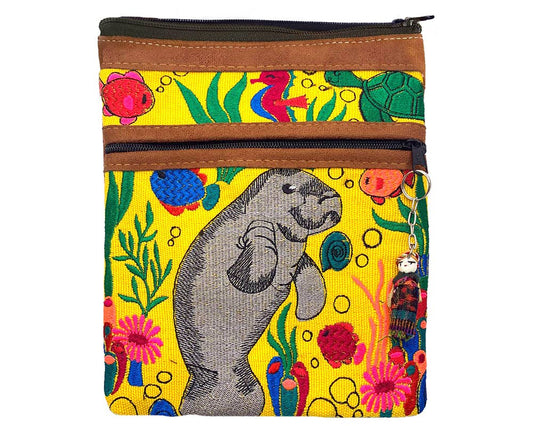 Embroidered Manatee Leather Crossbody Purse Passport Bag