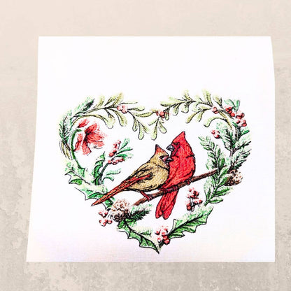 Towel ~ Cardinals Male and Female Cardinals in Heart Tea Towel