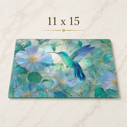 Cutting Board: Hummingbird Cutting Board & Tray: 8x11 inch Tempered Glass
