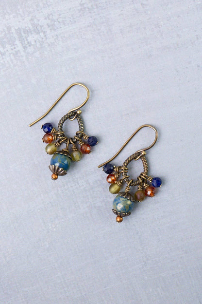 Jewelry ~ Earrings Sacred Heart Czech Glass, Lapis, Carnelian Cluster Earrings