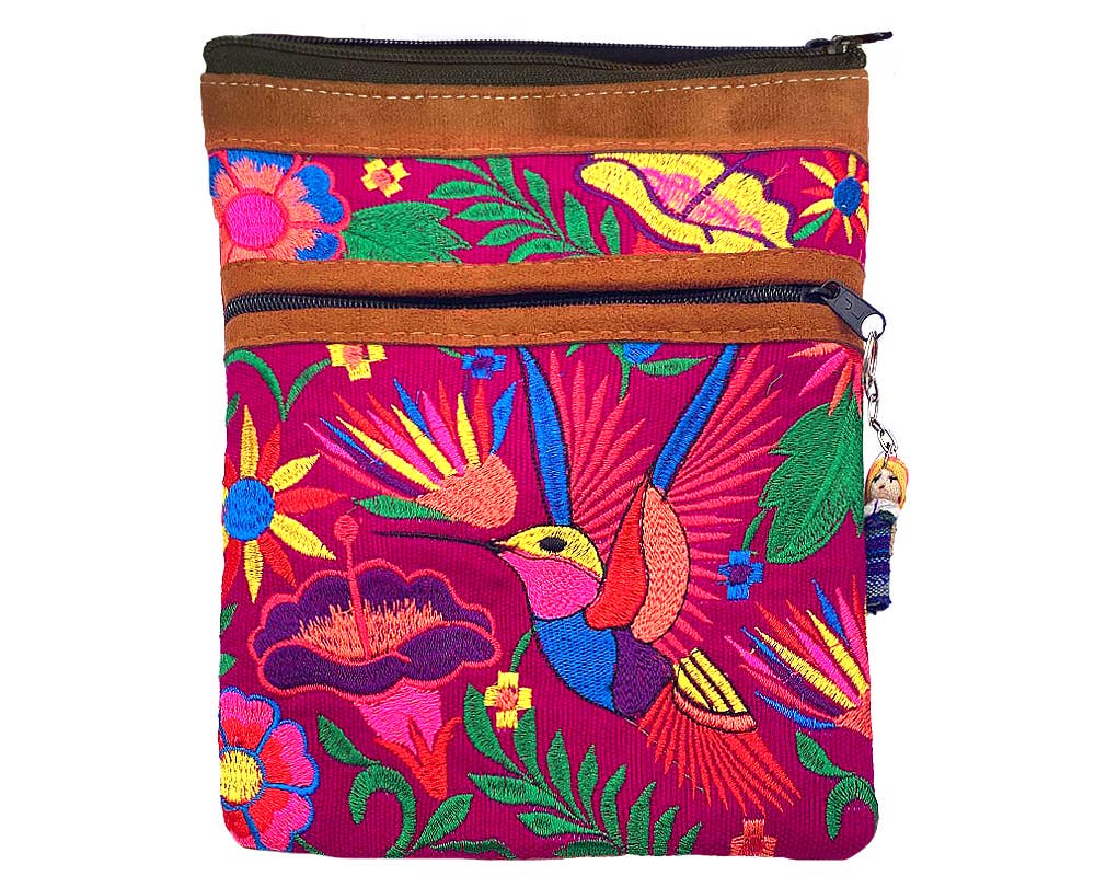 Embroidered Hummingbird Leather Crossbody Purse Passport Bag