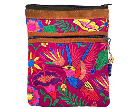 Embroidered Hummingbird Leather Crossbody Purse Passport Bag