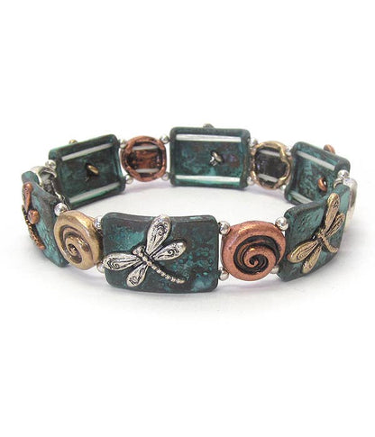 Jewelry Bracelet #1 Patina Vintage look #2   Dragonfly stretch bracelet swirls