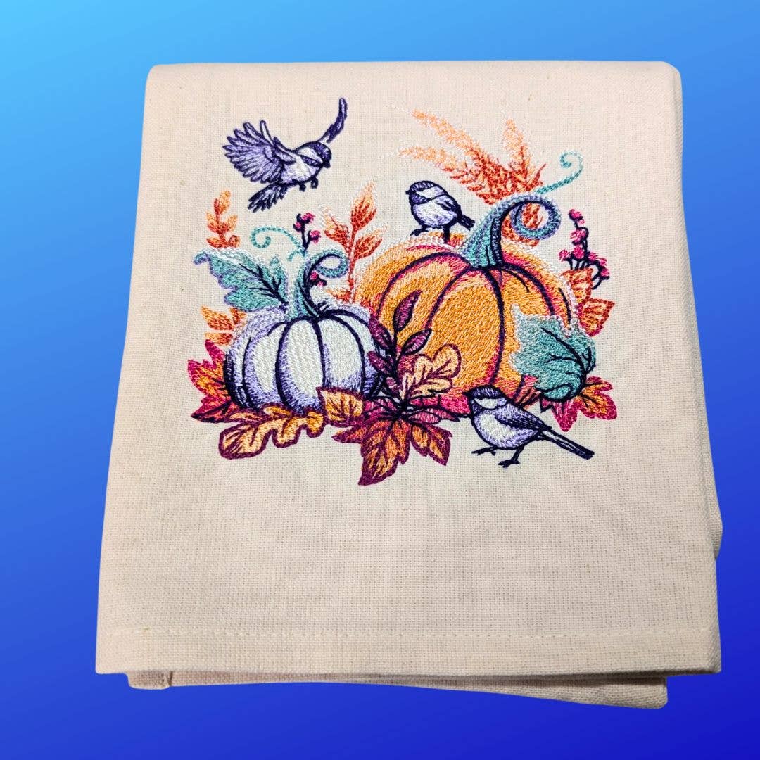 Towel ~ Seasonal Delight Embroidered Tea Towel with Pumpkins, Birds