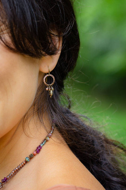 Jewelry ~ Earrings Mauve Czech Glass, Antique Copper Circles, Antique Brass Flower Simple Earrings