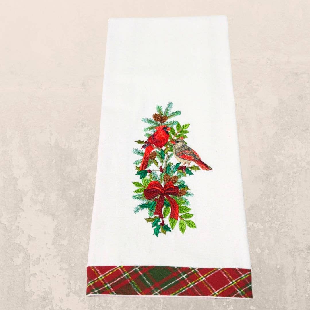 Christmas Tea Towel with Cardinal - Winter Bird on Branches