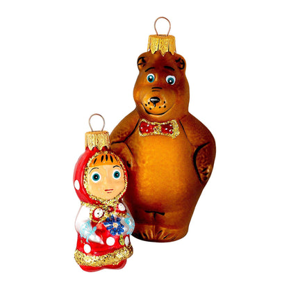 Ornament Masha and the Bear Glass Christmas Ornament Set of 2 ~ Made in Ukraine