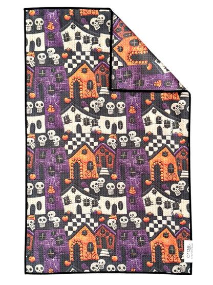 Towel / Poly !  Frightville: Double-Sided Hand Towel: Black / 17x27 in / haunted house purple