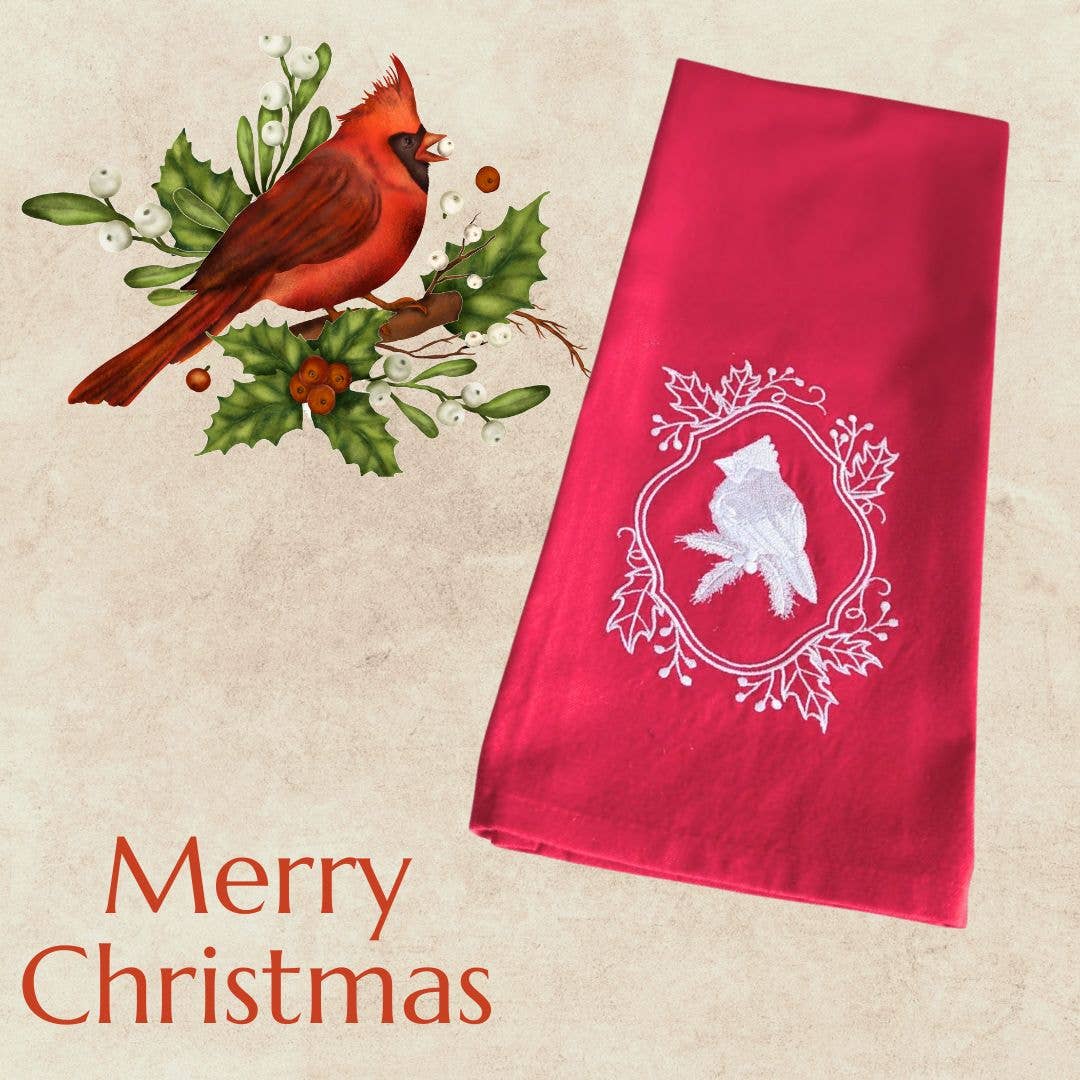 Towel ~ Winter Wonderland Cardinal Tea Towel with Embroidered Detail