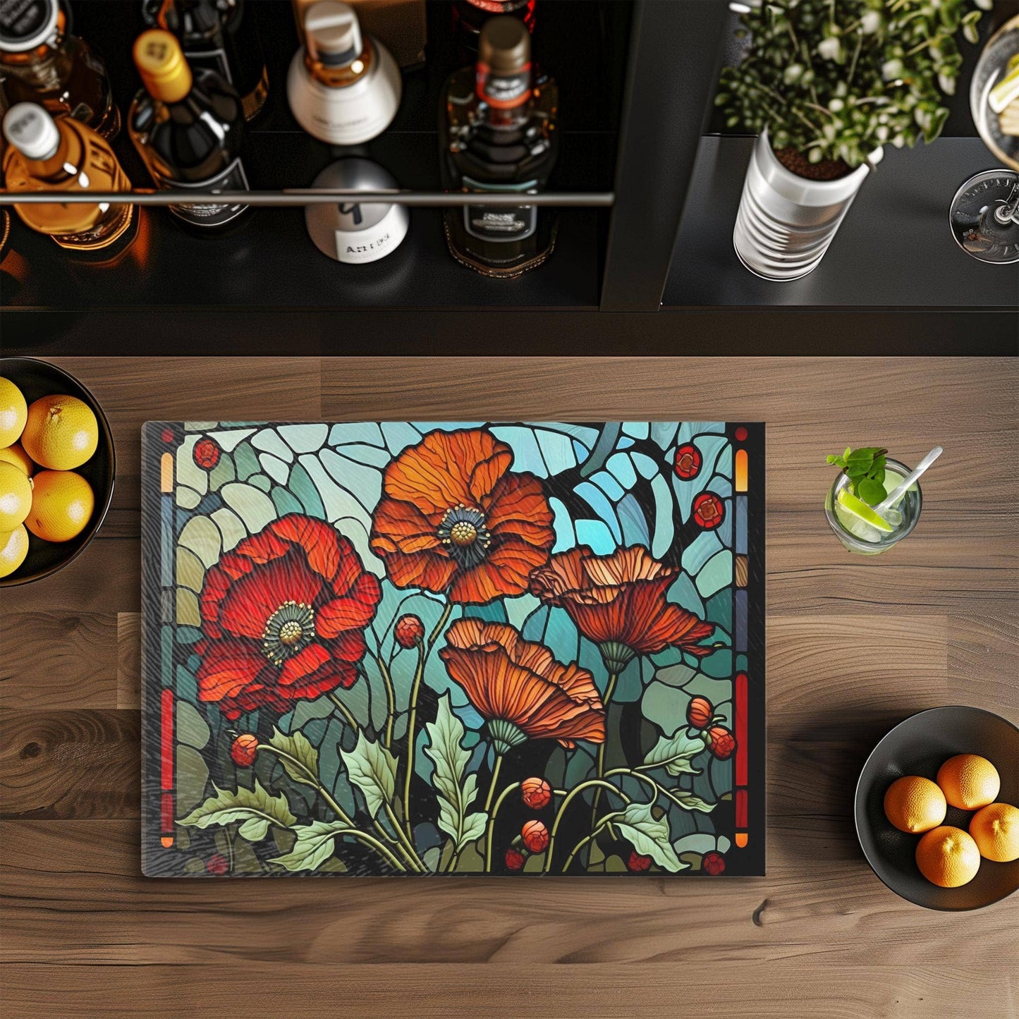 Cutting Board: Floral Poppy  8x11 inch Tempered Glass Serving Tray: