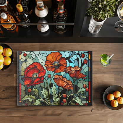 Cutting Board: Floral Poppy  8x11 inch Tempered Glass Serving Tray: