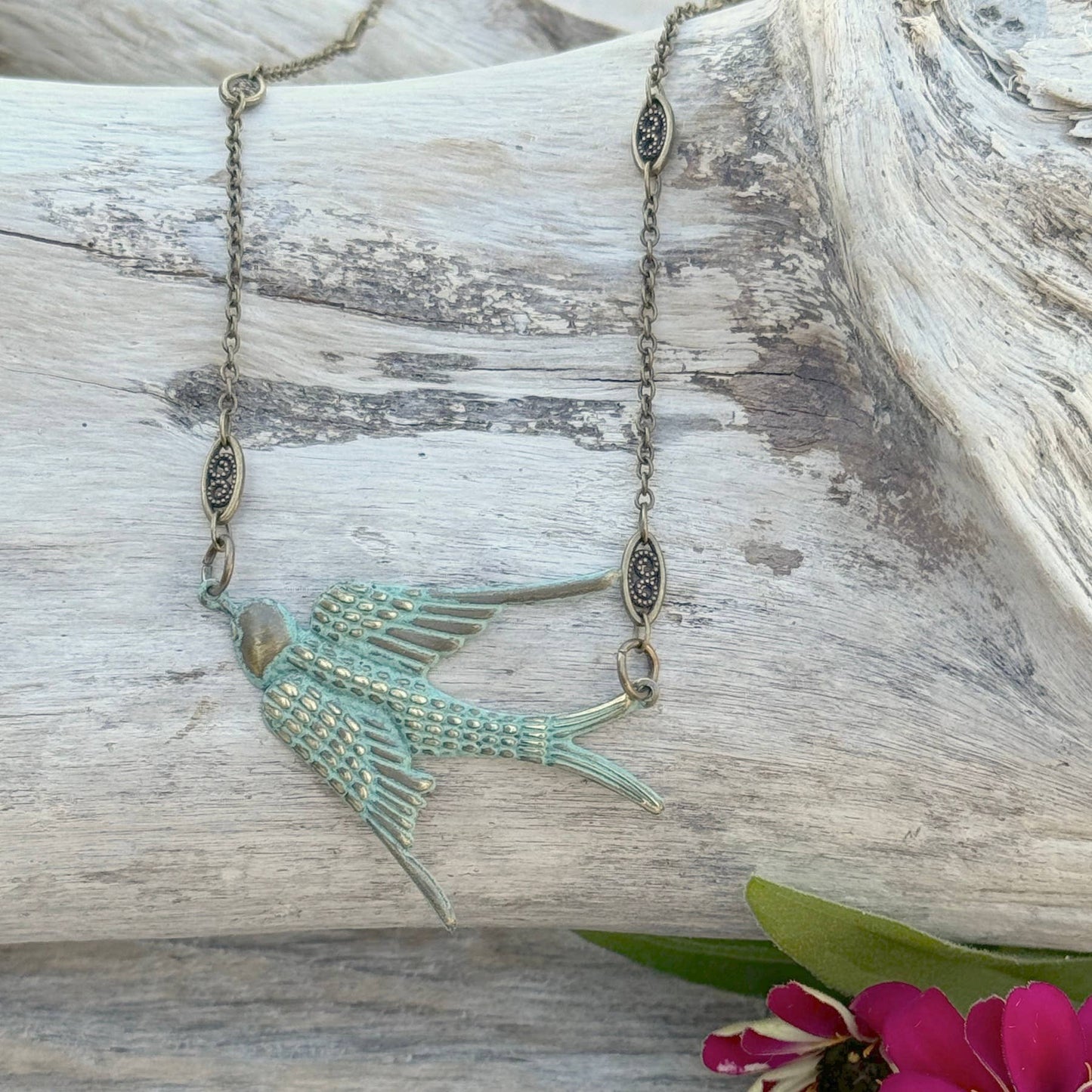 Jewelry Brass Necklace Swooping Swallow Patina in Turquoise