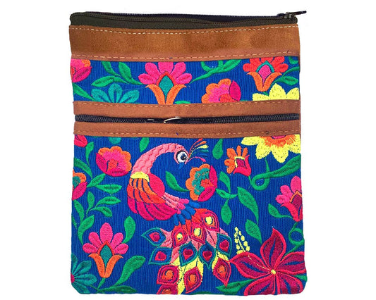 Embroidered Peacock Leather Crossbody Purse Passport Bag